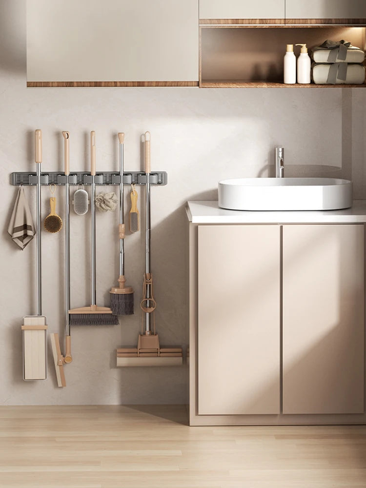 Non Perforated Mop Rack Iron Wall Mounted Mop Broom Storage Rack Home Storage And Storage Shelf  Multi Scenario Use