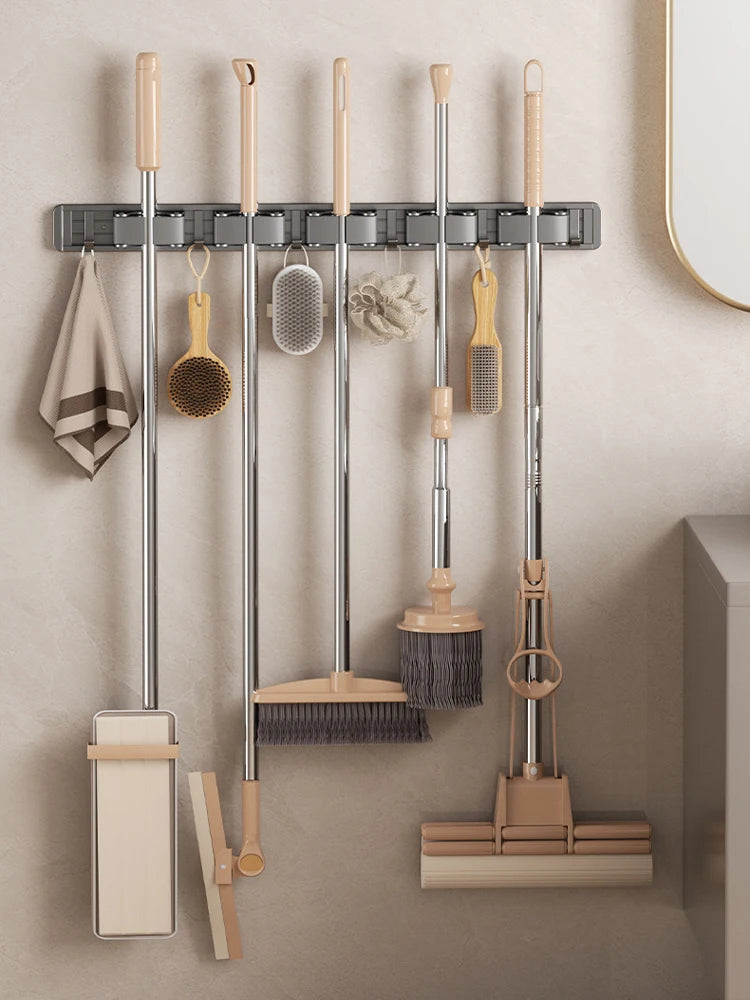 Non Perforated Mop Rack Iron Wall Mounted Mop Broom Storage Rack Home Storage And Storage Shelf  Multi Scenario Use