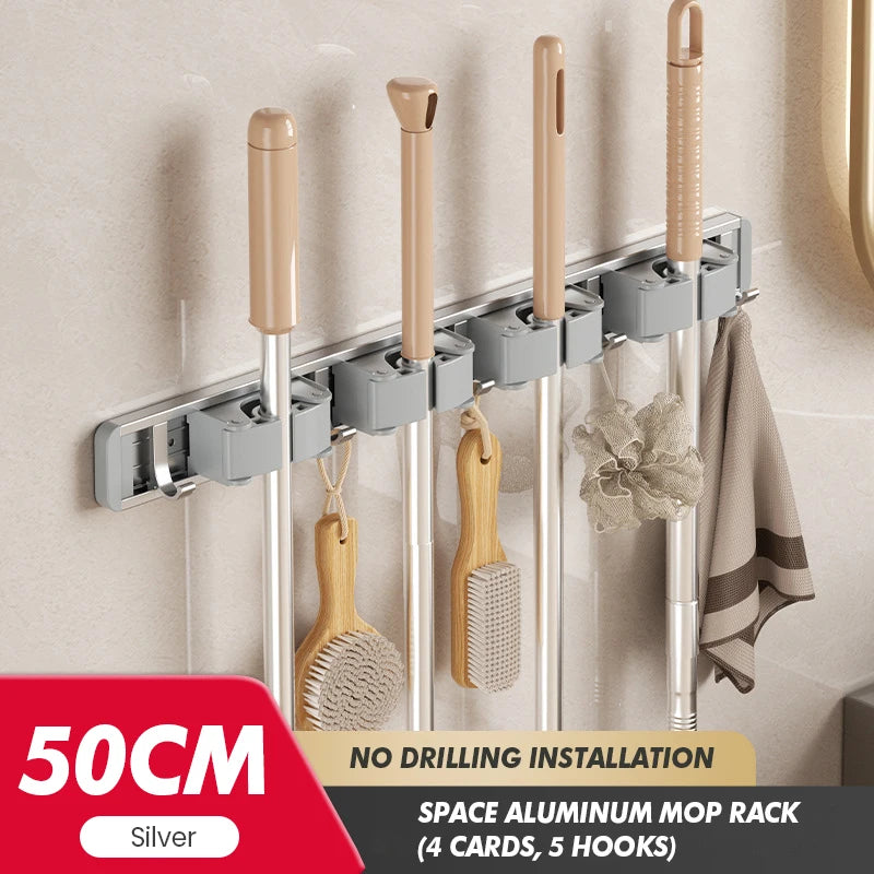 Non Perforated Mop Rack Iron Wall Mounted Mop Broom Storage Rack Home Storage And Storage Shelf  Multi Scenario Use