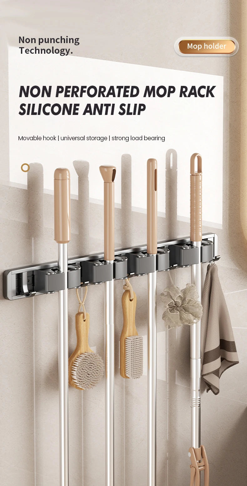 Non Perforated Mop Rack Iron Wall Mounted Mop Broom Storage Rack Home Storage And Storage Shelf  Multi Scenario Use