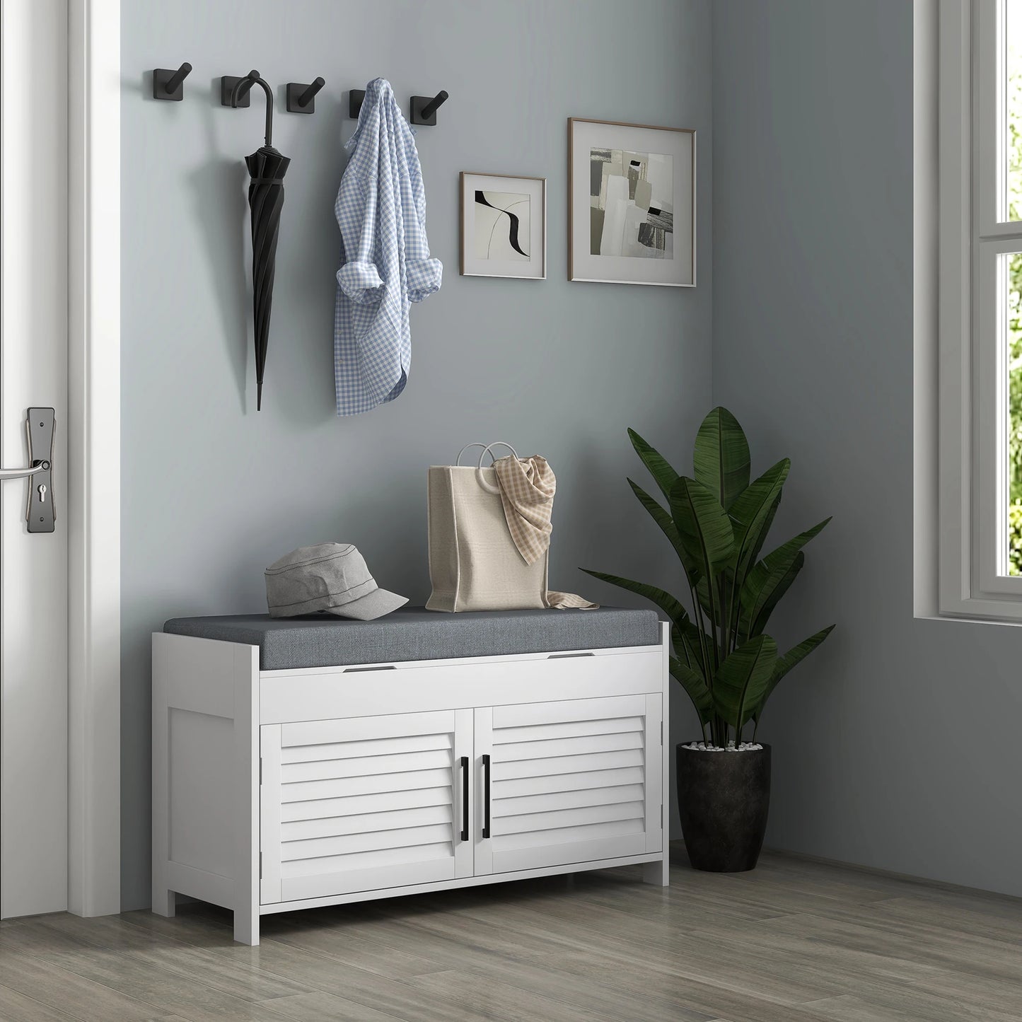 HOMCOM Shoe Bench, Entryway Bench with Cushion, Hidden Compartments, White