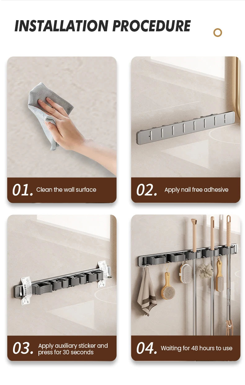 Non Perforated Mop Rack Iron Wall Mounted Mop Broom Storage Rack Home Storage And Storage Shelf  Multi Scenario Use