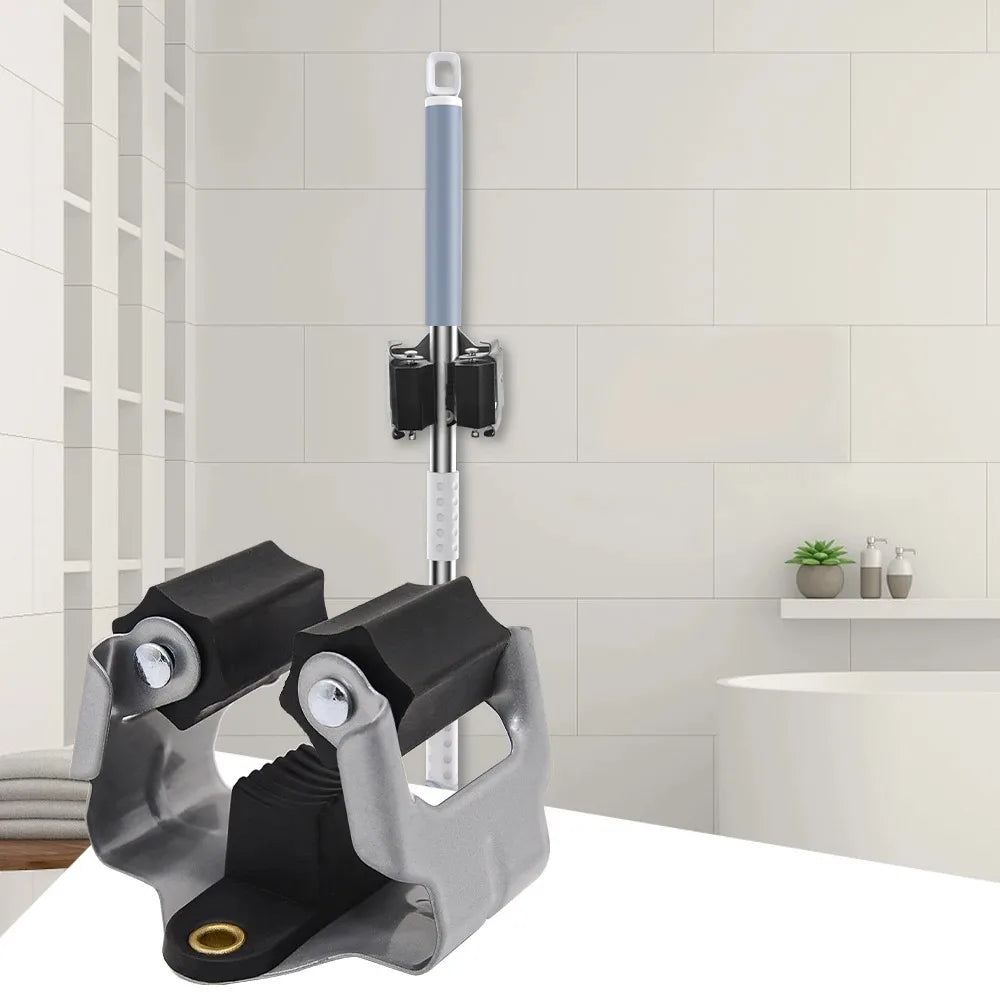 Mop Clamp Spring Steel Mop Frame Wall Mounted Perforated Storage Tool Clamp Multi-Purpose Hooks Wall Mounted Waterproof Hook