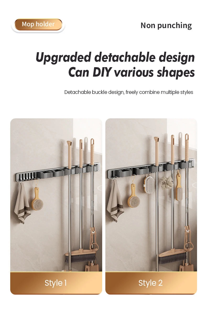 Non Perforated Mop Rack Iron Wall Mounted Mop Broom Storage Rack Home Storage And Storage Shelf  Multi Scenario Use