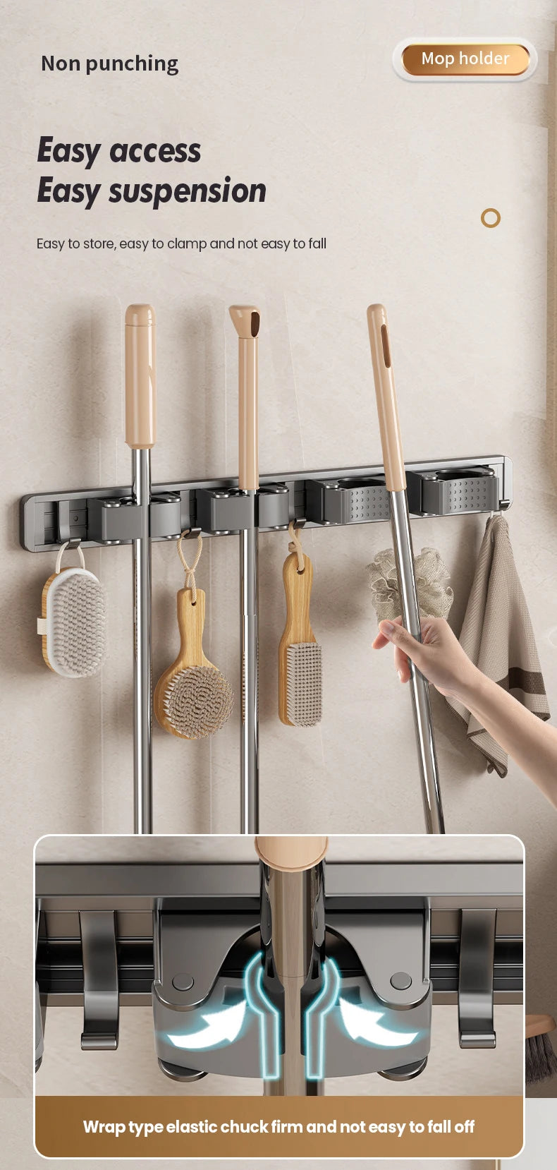 Non Perforated Mop Rack Iron Wall Mounted Mop Broom Storage Rack Home Storage And Storage Shelf  Multi Scenario Use