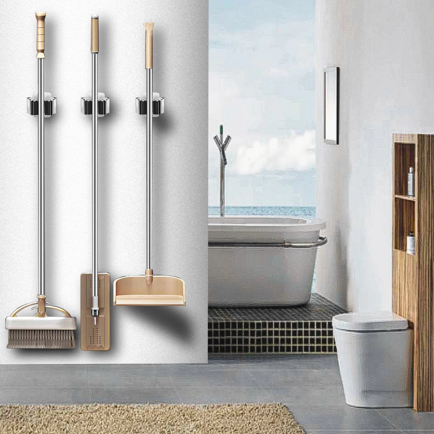 Stainless steel Mop clip Holder Wall Mounted Mop Brush Broom Hanger Fixed Rack Kitchen Bathroom Organizer Shelf Hook Accessories