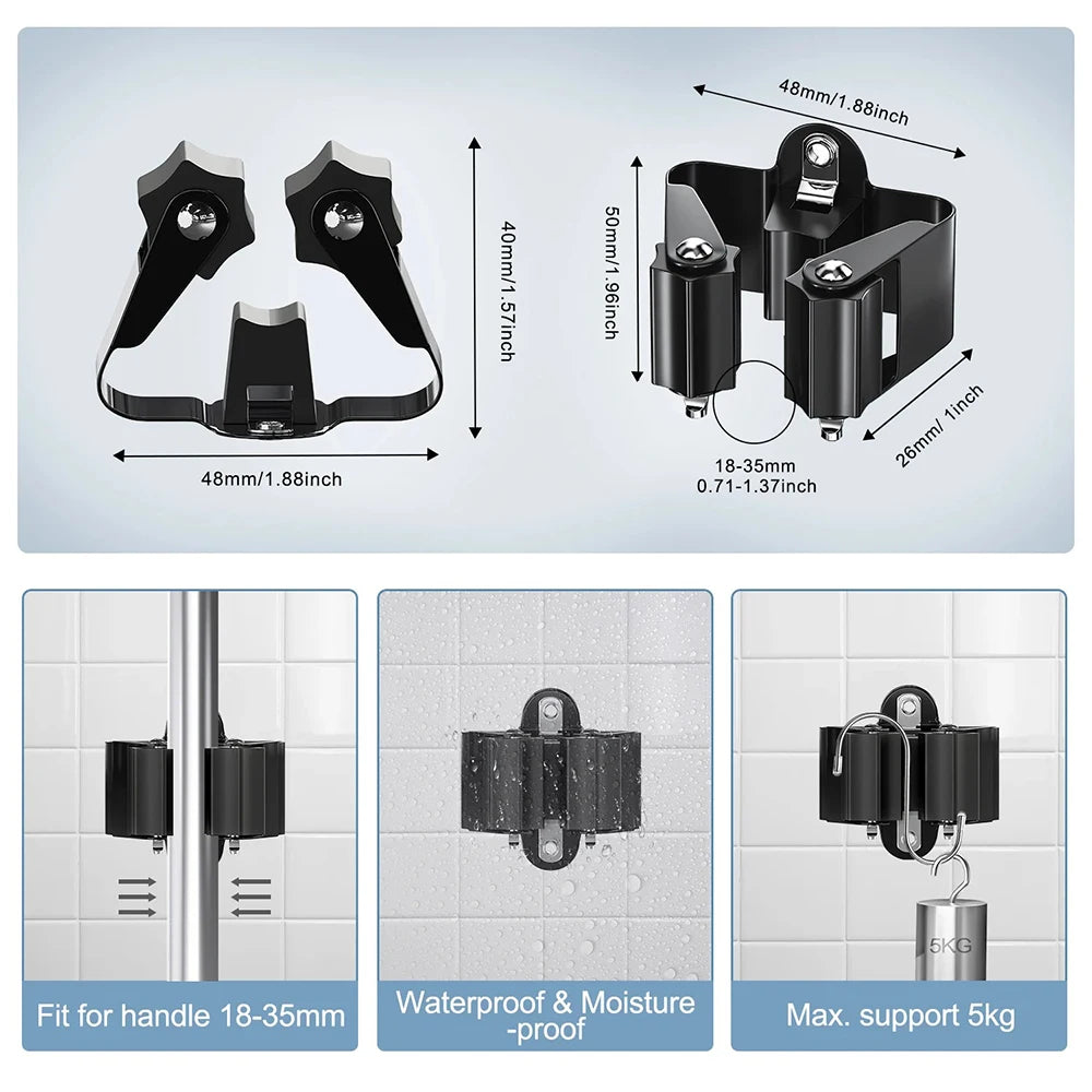 Mop Clamp Spring Steel Mop Frame Wall Mounted Perforated Storage Tool Clamp Multi-Purpose Hooks Wall Mounted Waterproof Hook