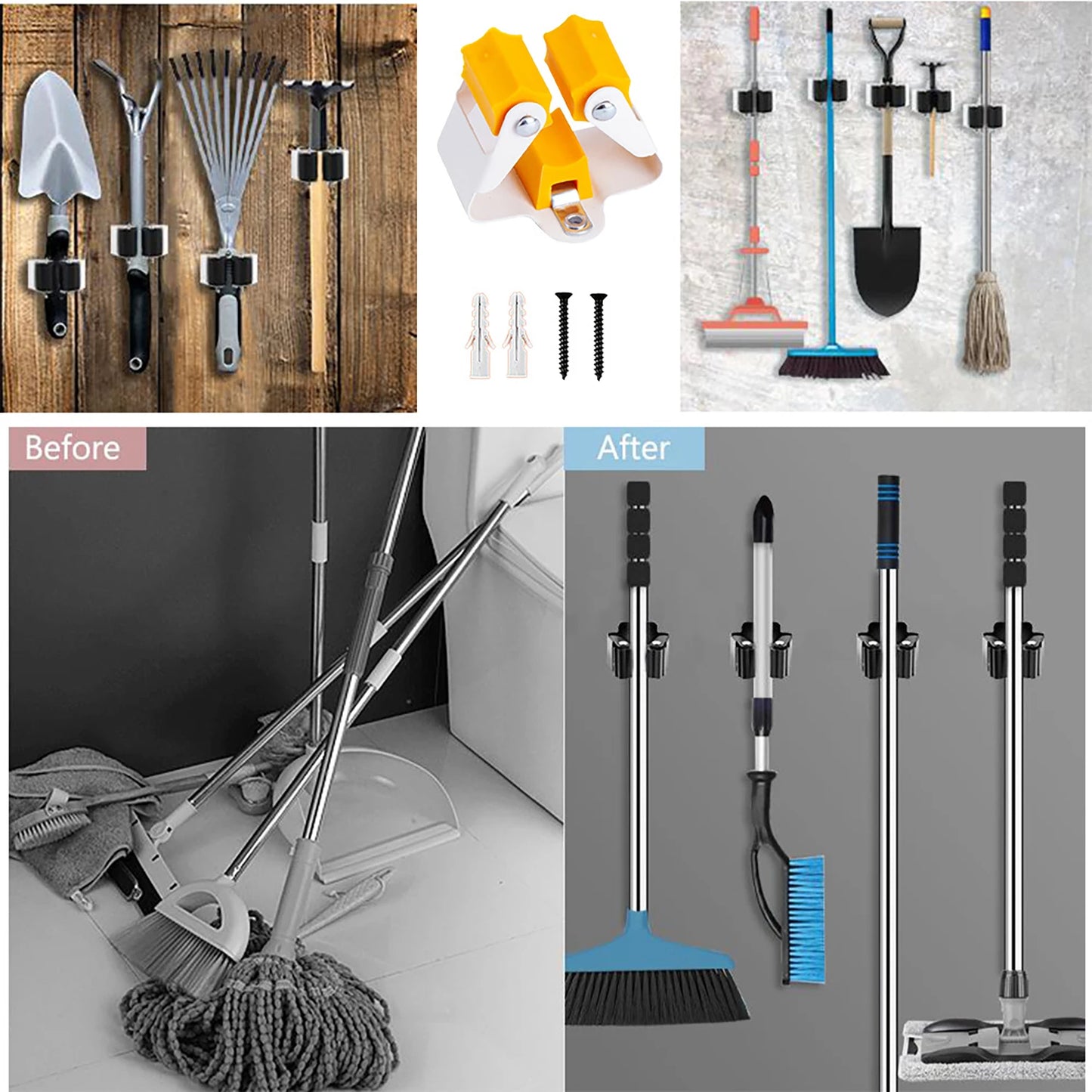 Mop Clamp Spring Steel Mop Frame Wall Mounted Perforated Storage Tool Clamp Multi-Purpose Hooks Wall Mounted Waterproof Hook