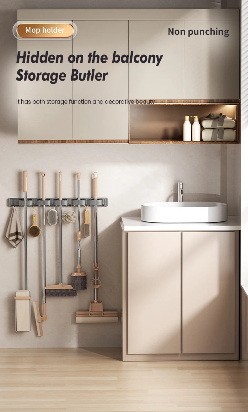 Non Perforated Mop Rack Iron Wall Mounted Mop Broom Storage Rack Home Storage And Storage Shelf  Multi Scenario Use