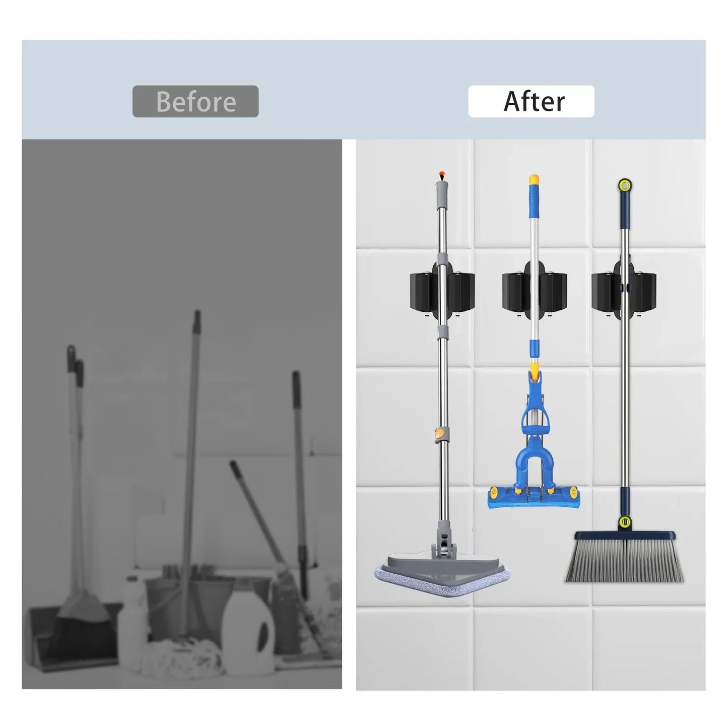Mop Clamp Spring Steel Mop Frame Wall Mounted Perforated Storage Tool Clamp Multi-Purpose Hooks Wall Mounted Waterproof Hook