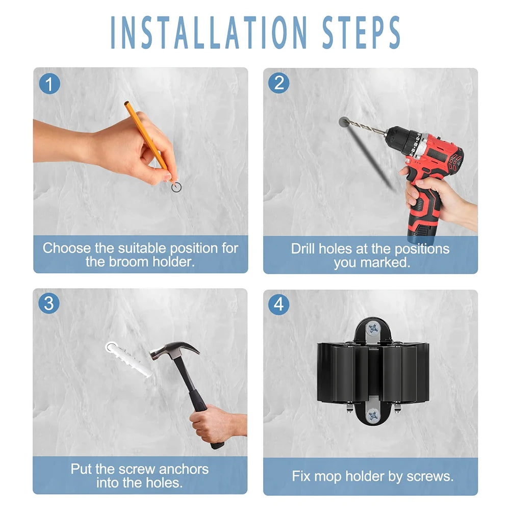 Mop Clamp Spring Steel Mop Frame Wall Mounted Perforated Storage Tool Clamp Multi-Purpose Hooks Wall Mounted Waterproof Hook