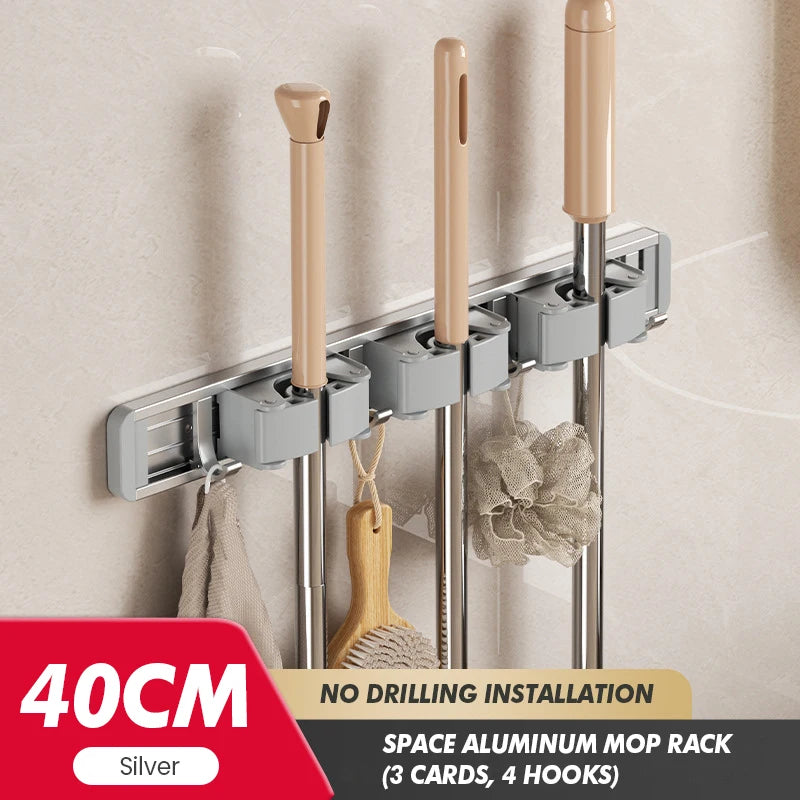 Non Perforated Mop Rack Iron Wall Mounted Mop Broom Storage Rack Home Storage And Storage Shelf  Multi Scenario Use