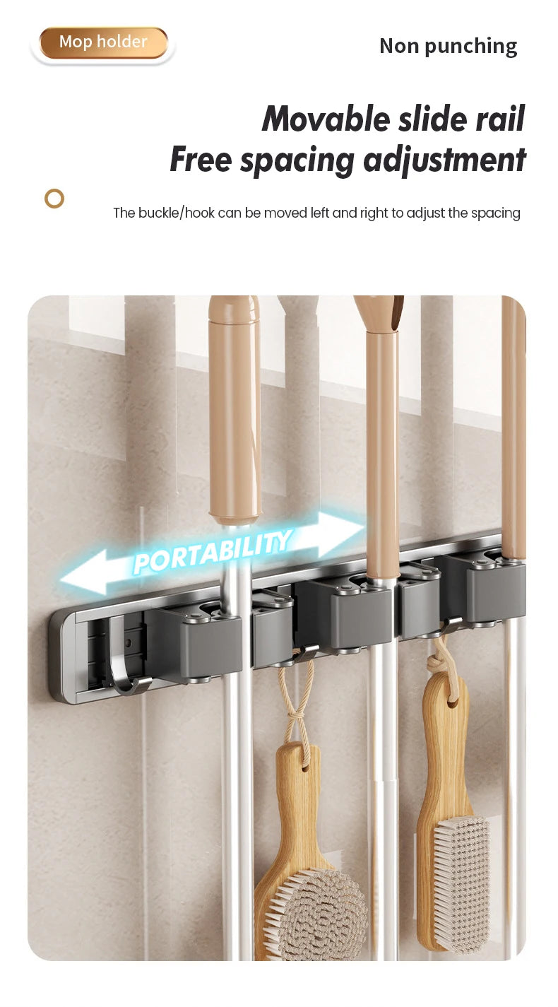 Non Perforated Mop Rack Iron Wall Mounted Mop Broom Storage Rack Home Storage And Storage Shelf  Multi Scenario Use
