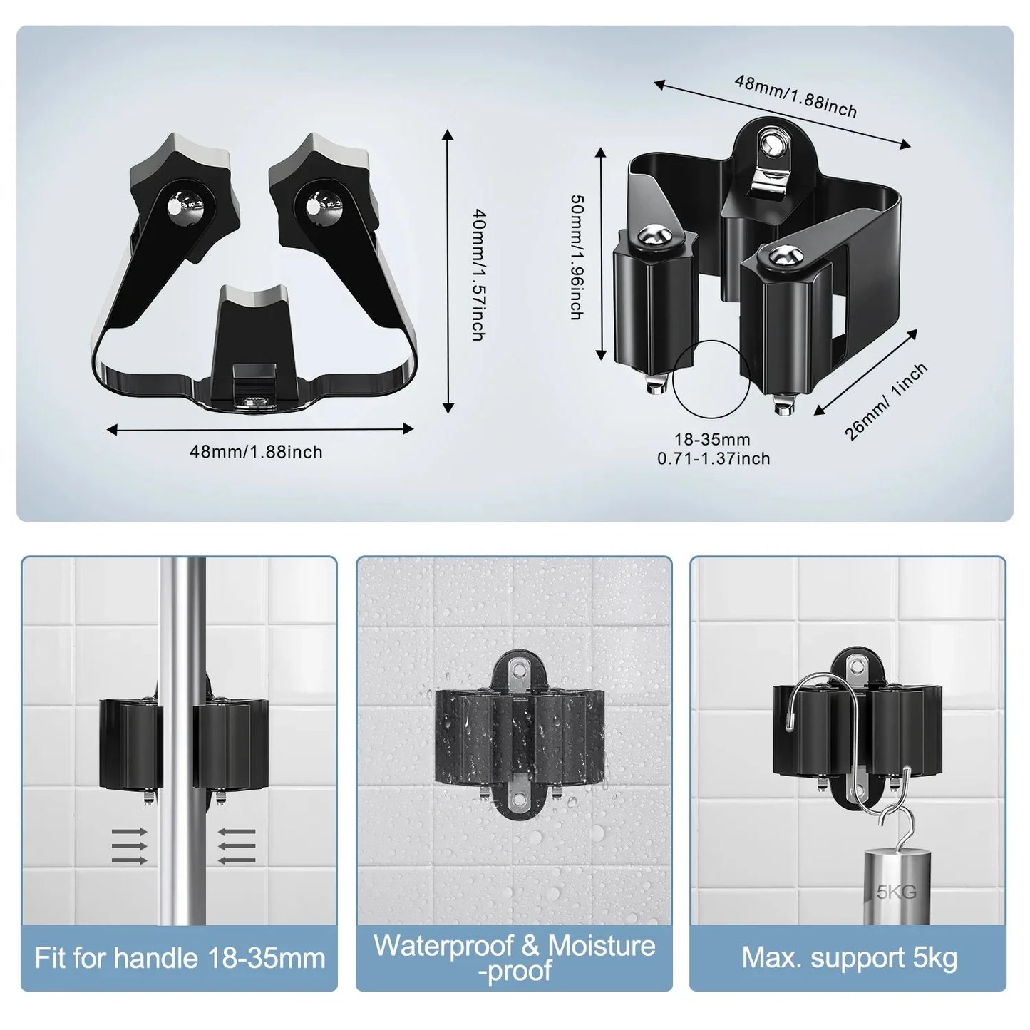 Mop Clamp Spring Steel Mop Frame Wall Mounted Perforated Storage Tool Clamp Multi-Purpose Hooks Wall Mounted Waterproof Hook