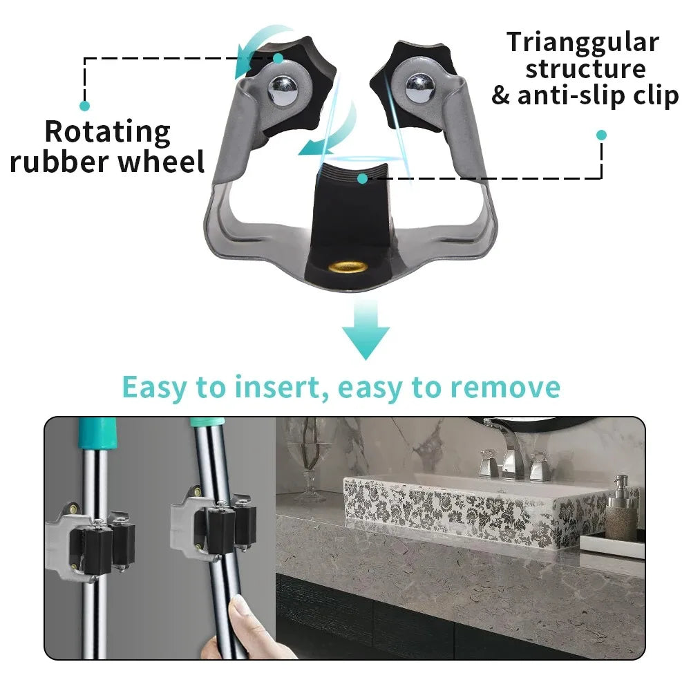 Mop Clamp Spring Steel Mop Frame Wall Mounted Perforated Storage Tool Clamp Multi-Purpose Hooks Wall Mounted Waterproof Hook